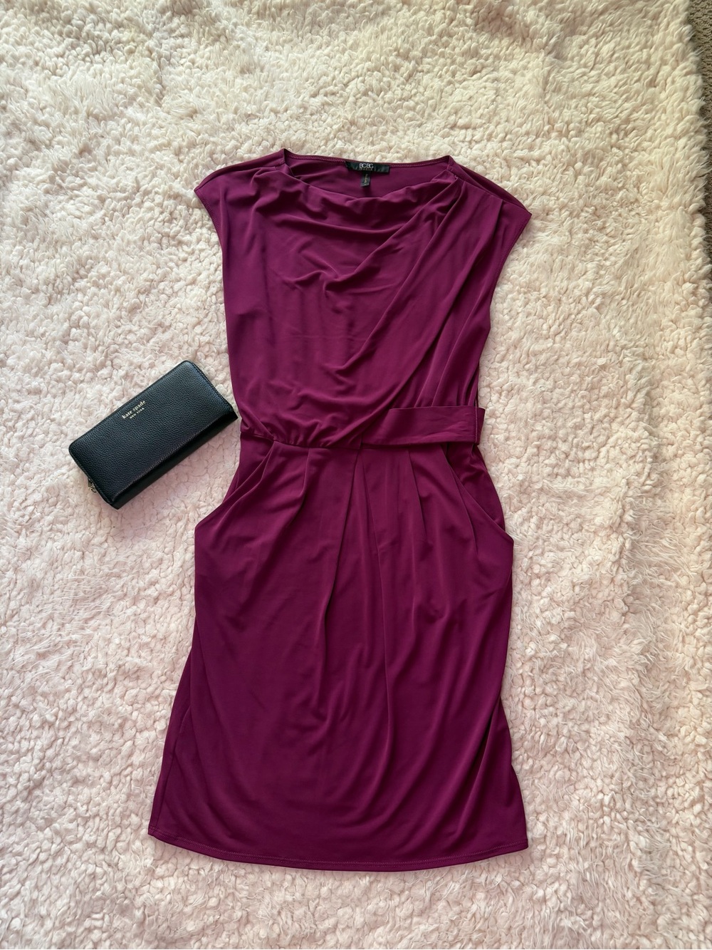 BCBG Paris Draped Cowl Neck Pocket Dress Plum Purple Size S